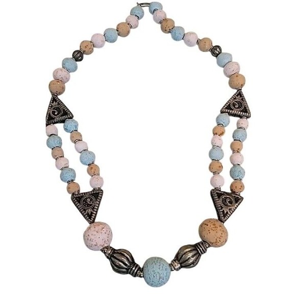 Ethnic Chunky Clay Beaded Boho Necklace Turquoise Pink Terracotta Clay 20 " - Picture 2 of 8
